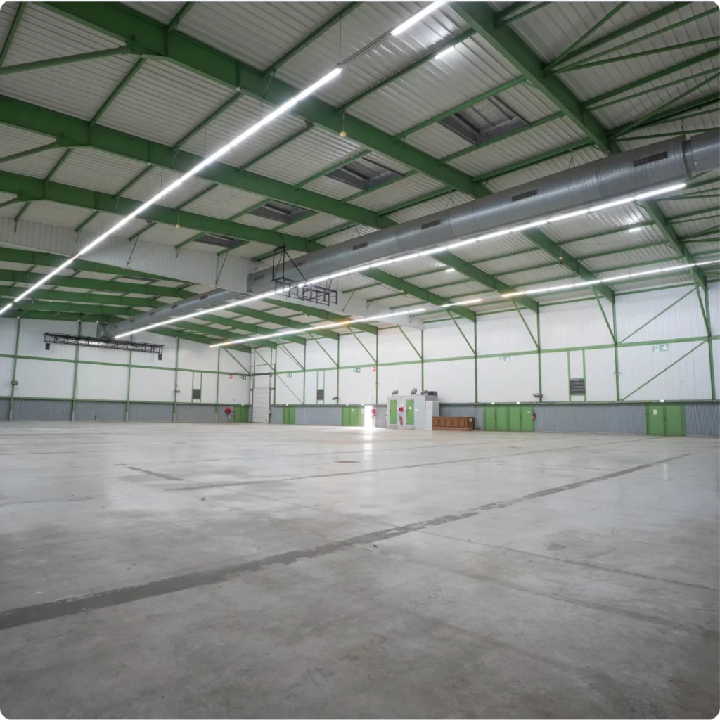 Bâtiment vide avec plafonds hauts, éclairage fluorescent et murs blancs et verts, destiné à des événements ou activités.